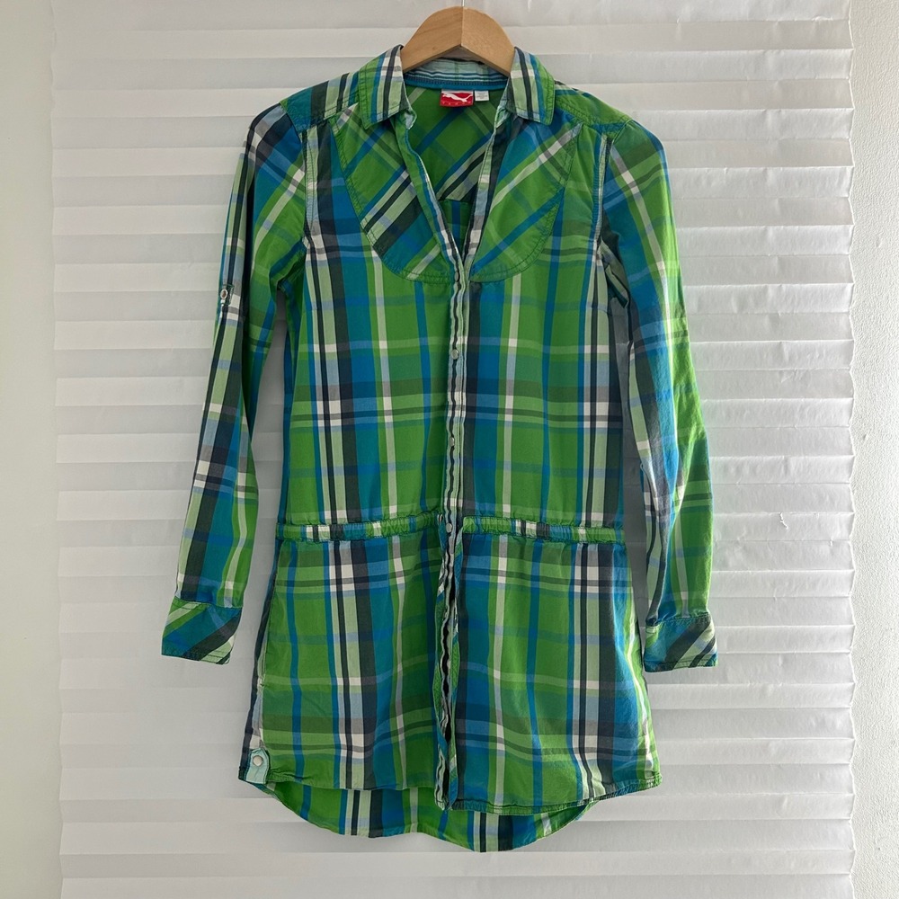 Puma Sportlifestyle Womens Green Blue Plaid Roll‎ Tab Pearl Snap Shirt Dress S